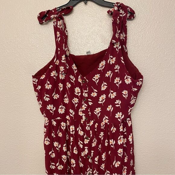 Red floral print boho feminine romantic button front midi dress tie shoulder XL - Picture 5 of 12